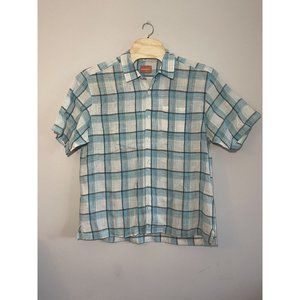 Tommy Bahama Blue Plaid Button Up Shirt‎ Sz XL Short Sleeve 100% Linen